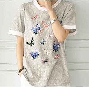 灰色女士蝴蝶印花拼接棉t恤